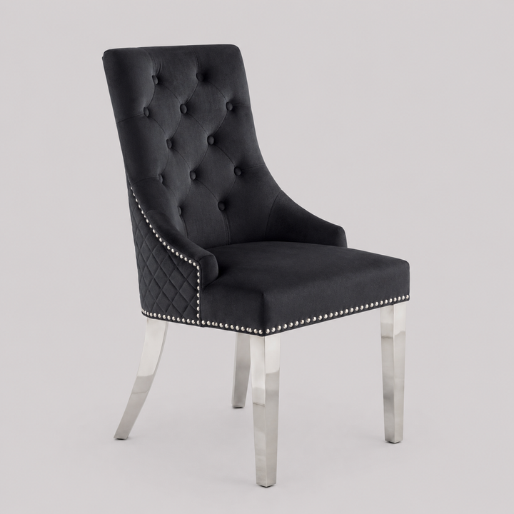 Zenvoro 2-Piece Luxury Dining Chair Set – Black Velvet Chrome Lion Knocker Dining Chairs with Diamond Quilted Back & Button Tufted Design