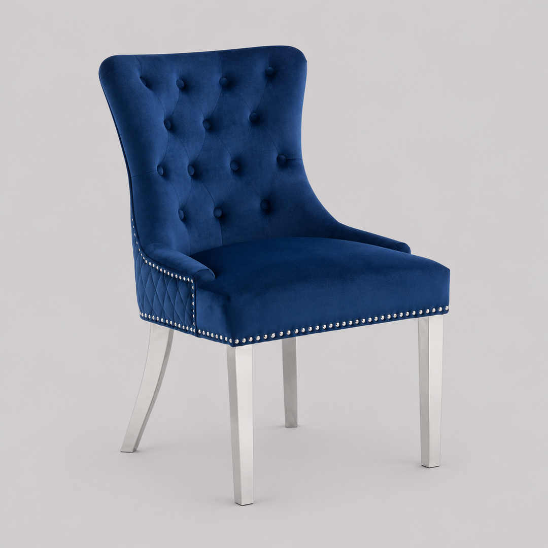 Zenvoro 2-Piece Luxury Dining Chair Set – Blue Velvet Chrome Lion Knocker Dining Chairs with Diamond Quilted Back, Button Tufted Front & Nailhead Details