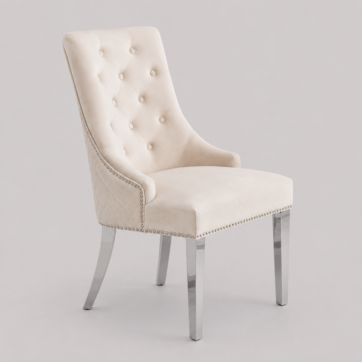 Zenvoro 2-Piece Luxury Dining Chair Set – Cream Velvet Chrome Lion Knocker Dining Chairs with Diamond Quilted Back, Button Tufted Front & Nailhead Details