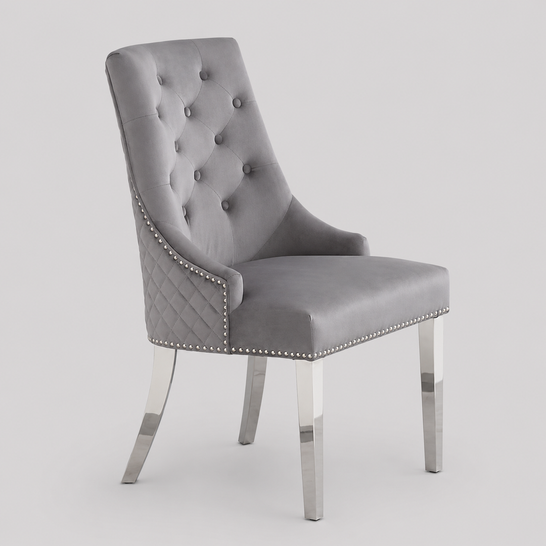 Zenvoro 2-Piece Luxury Grey Velvet Dining Chair Set with Chrome Lion Knocker, Diamond Quilted Back & Polished Chrome Finish