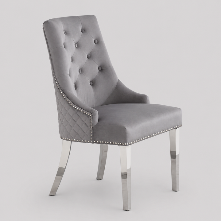 Zenvoro 2-Piece Luxury Grey Velvet Dining Chair Set with Chrome Lion Knocker, Diamond Quilted Back & Polished Chrome Finish
