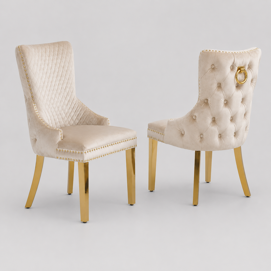 Dolvira Luxury Cream Velvet Dining Chair with Large Gold Knocker, Deep Tufted Back, Nailhead Details and Polished Gold Frame, Modern Glam Accent Chair