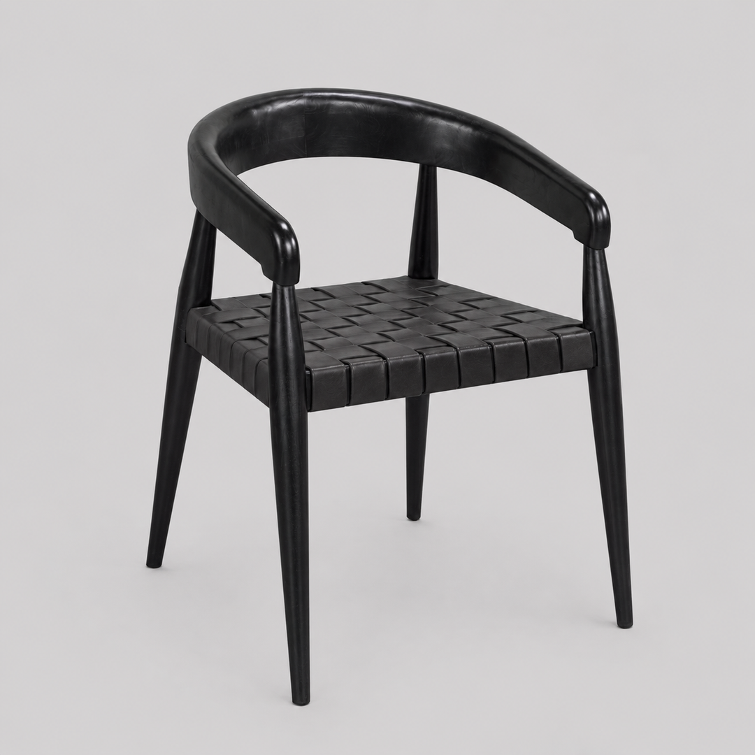Rowan Wooden Dining Chair - Black | Rustic Style, Mid-Century Modern, Durable & Woven Leather Seating
