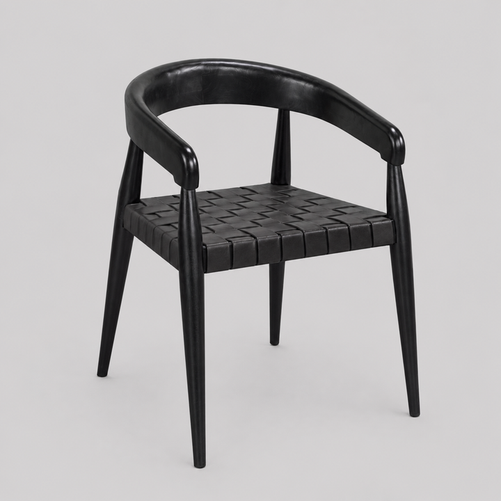 Rowan Wooden Dining Chair - Black | Rustic Style, Mid-Century Modern, Durable & Woven Leather Seating