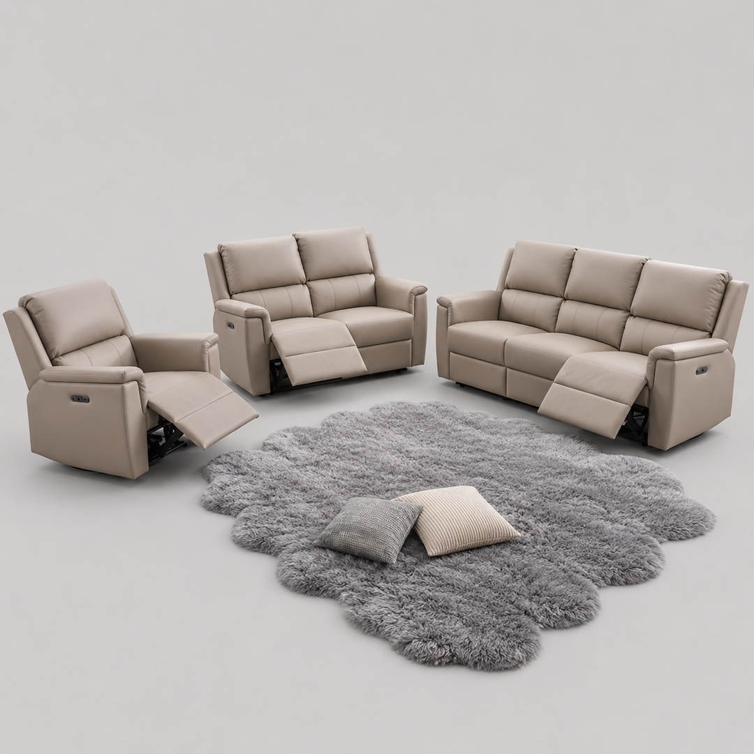 Orvantis 3-Piece Power Recliner Set with Soft-Touch Stone Colour PU, USB Ports And Dual Power Recliners