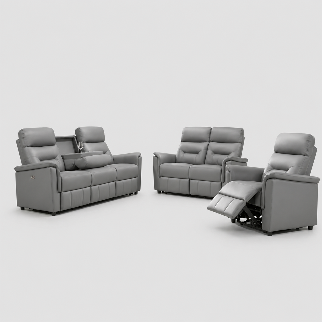 Elarvion 3-Piece Power Recliner Set with Light Grey Genuine Leather/Match, USB Ports And Drop-Down Tray with Cup Holders