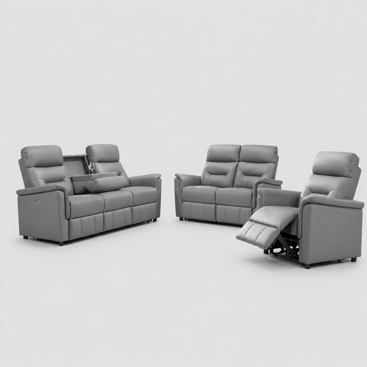 Elarvion 3-Piece Power Recliner Set with Light Grey Genuine Leather/Match, USB Ports And Drop-Down Tray with Cup Holders