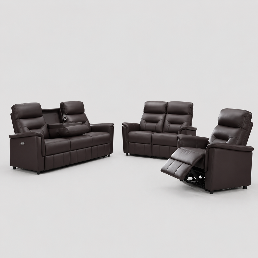 Elarvion 3-Piece Power Recliner Set with Espresso Genuine Leather/Match, USB Ports And  Drop-Down Tray with Cup Holders