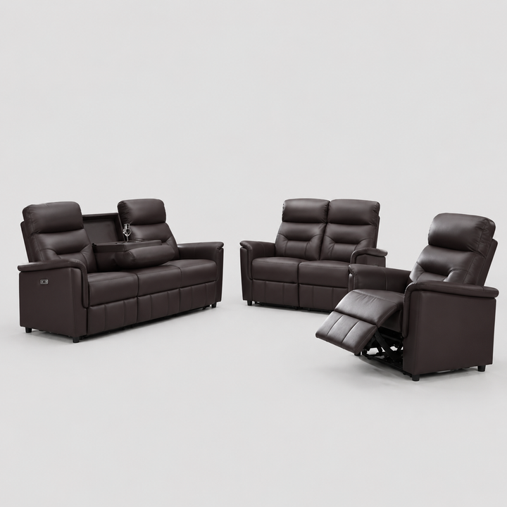 Elarvion 3-Piece Power Recliner Set with Espresso Genuine Leather/Match, USB Ports And  Drop-Down Tray with Cup Holders