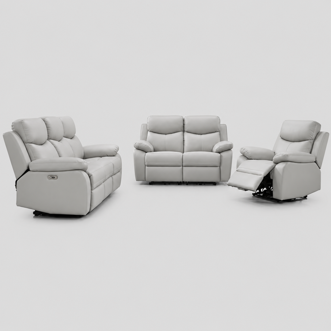 Zalviero 3-Piece Power Recliner Set with Light Grey Genuine Leather/Match, USB Ports And Dual Power Recliners