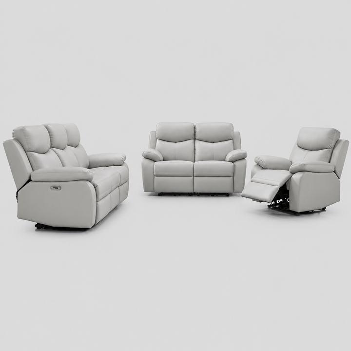Zalviero 3-Piece Power Recliner Set with Light Grey Genuine Leather/Match, USB Ports And Dual Power Recliners