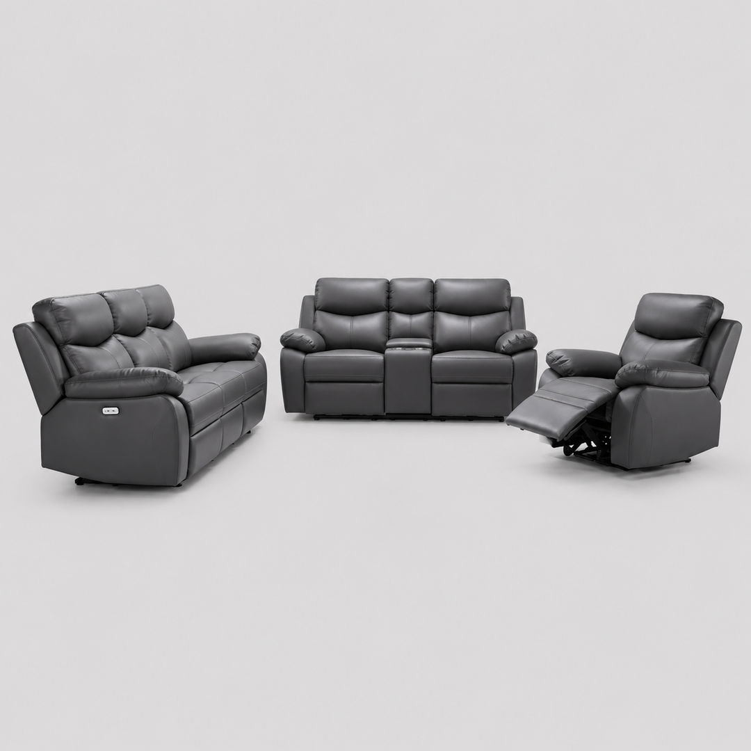 Noctivara 3-Piece Power Recliner Set with Grey Genuine Leather/Match, USB Ports, Console Storage &amp; Cup Holders