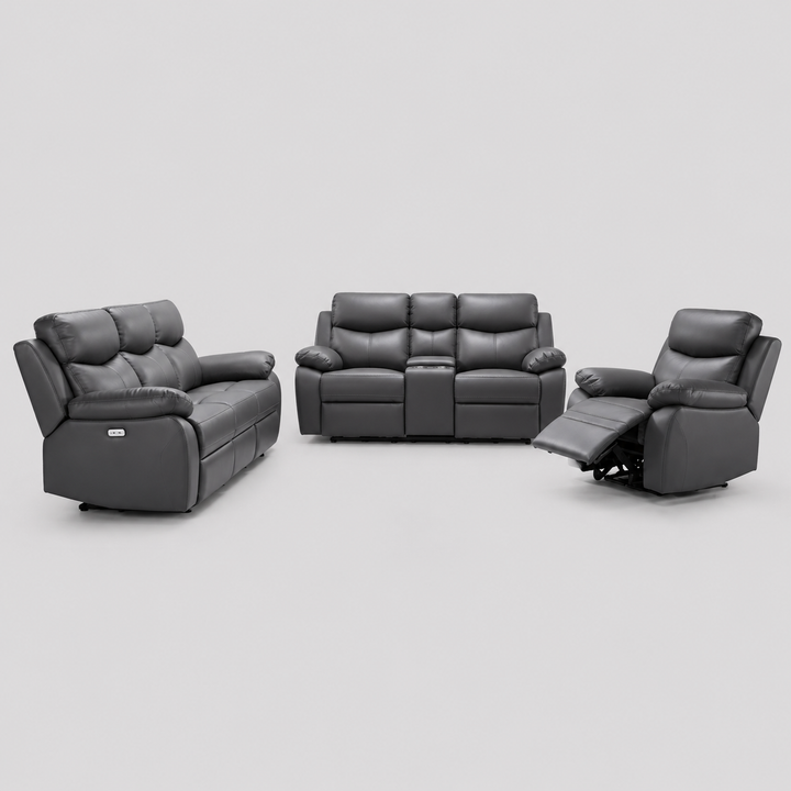 Noctivara 3-Piece Power Recliner Set with Grey Genuine Leather/Match, USB Ports, Console Storage &amp; Cup Holders