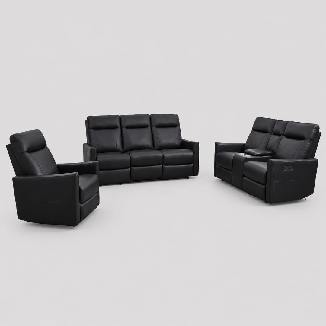 Solace Power Recliner Set – Chair, Loveseat & Sofa in Black Leathaire