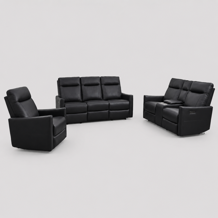 Solace Power Recliner Set – Chair, Loveseat & Sofa in Black Leathaire