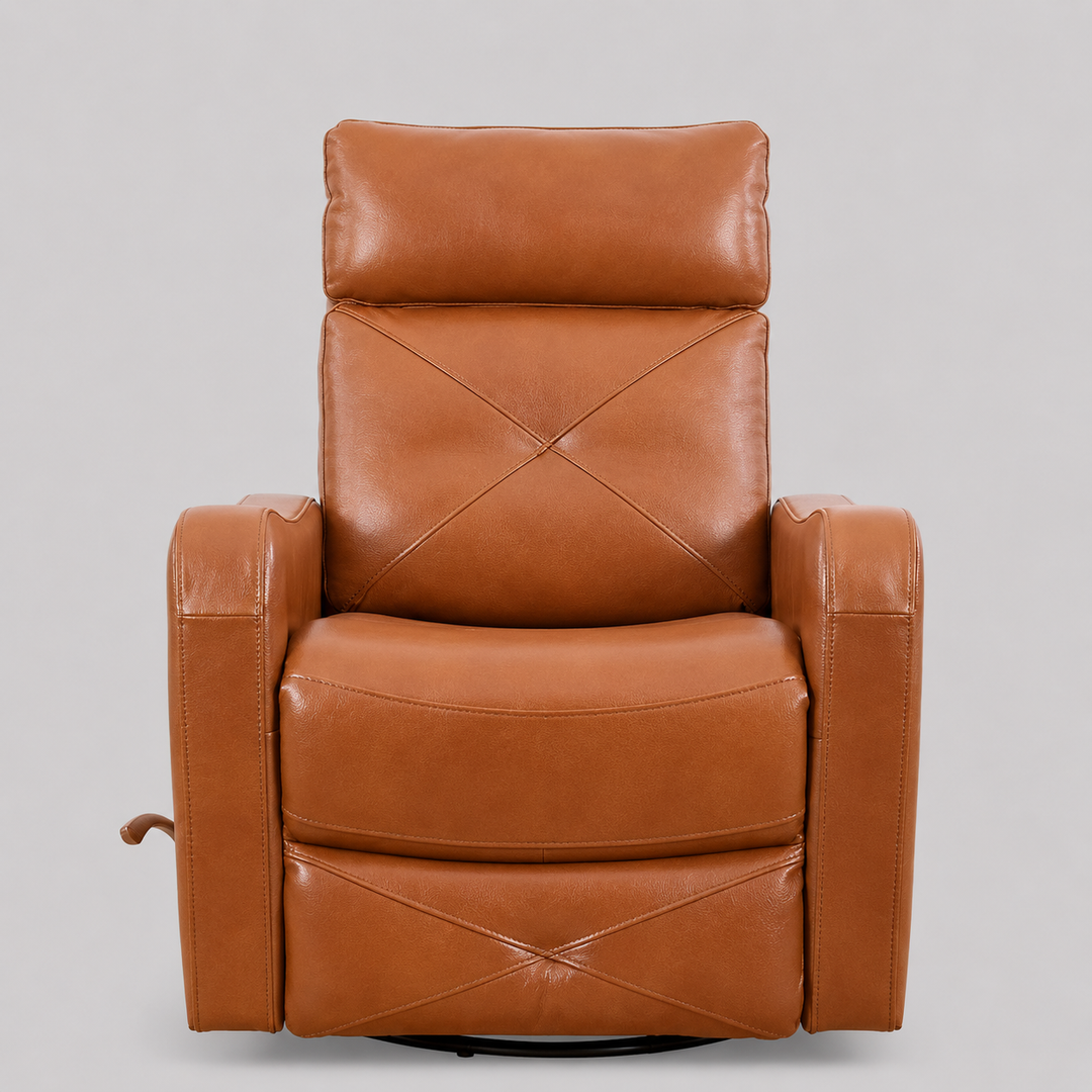 Wervano Recliner Chair with Side-Mounted Steel Pull Handle, Swivel &amp; Glider Mechanism, Zero Wallhugger Design in Soft Brown Leather Match