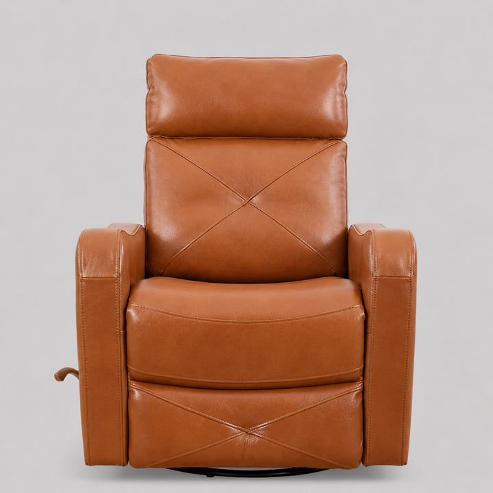Wervano Recliner Chair with Side-Mounted Steel Pull Handle, Swivel &amp; Glider Mechanism, Zero Wallhugger Design in Soft Brown Leather Match
