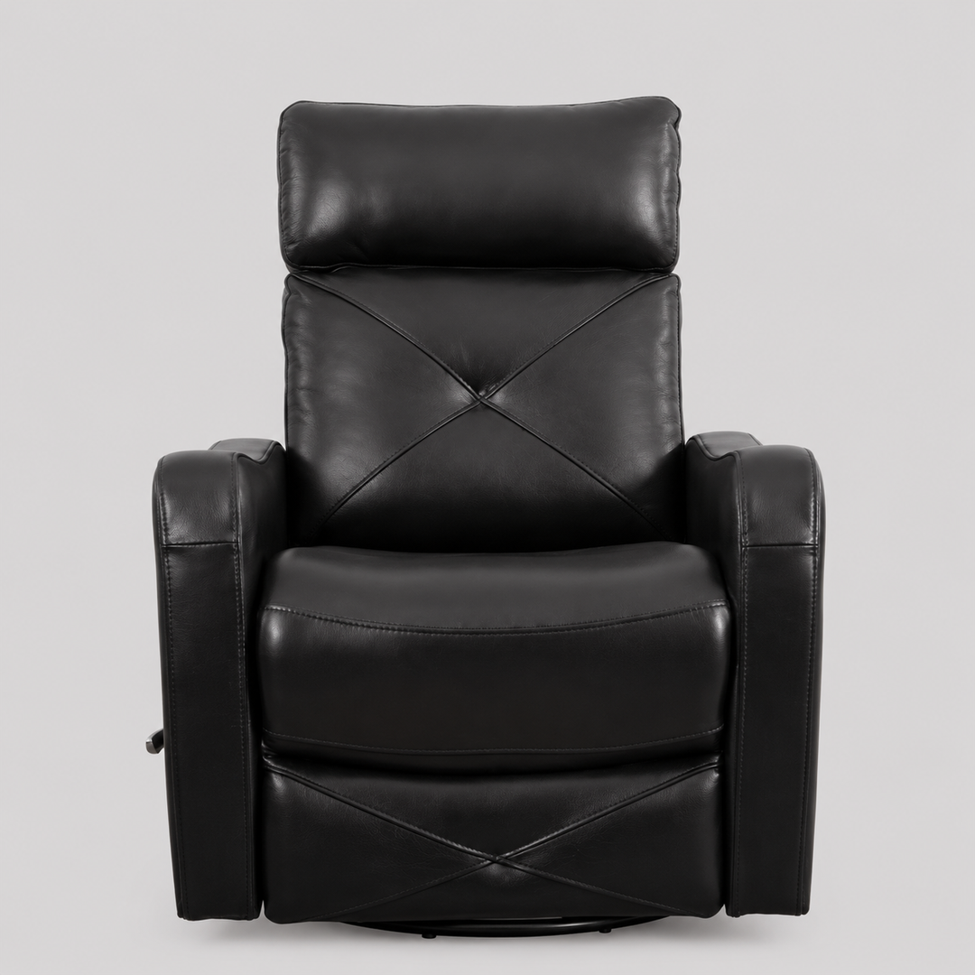 Wervano Recliner Chair with Side-Mounted Steel Pull Handle, Swivel & Glider Mechanism, Zero Wallhugger Design in Soft Blackberry Leather Match