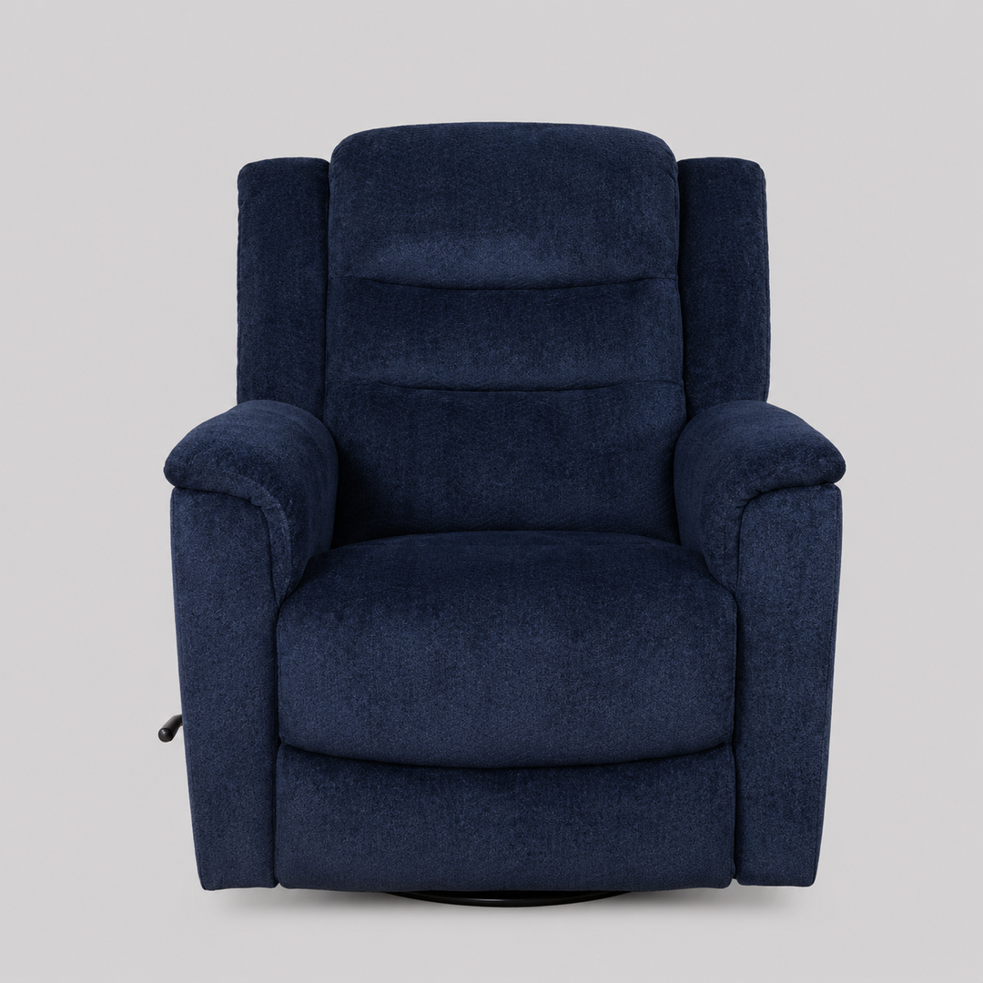 Yarvello Recliner Chair in Soft Blue Fabric with Swivel Glider Mechanism, Side-Mounted Steel Handle &amp; Zero Wallhugger Design