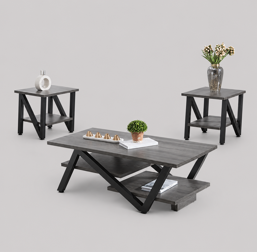 Zorvian 3 Piece Coffee Table Set – Modern Grey Wooden Top Coffee Table with Black Legs and Matching End Tables