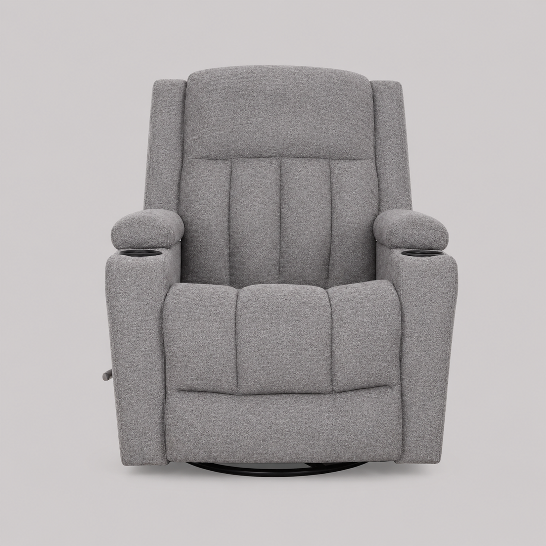 Rivento Recliner Chair with Side-Mounted Steel Pull Handle, Glider Rocking Mechanism & Soft Grey Fabric