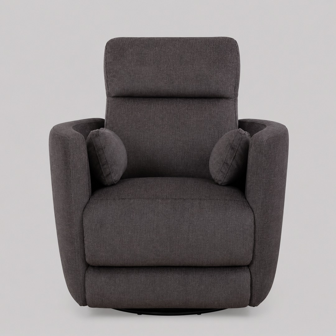 Xelviora Recliner Chair in Soft Gun Metal Fabric with Swivel Glider Mechanism, Hidden Pull Handle &amp; Zero Wallhugger Design