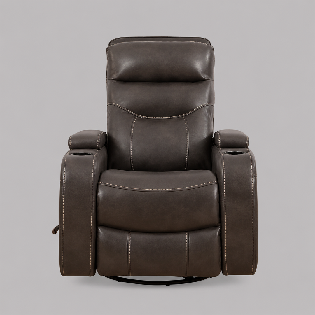 Quinvara Recliner Chair with Pull Handle, Swivel Glider Mechanism, Cup Holders, Storage Arms & Zero Wallhugger Design in Soft Grey PU