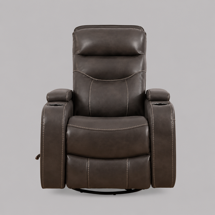 Quinvara Recliner Chair with Pull Handle, Swivel Glider Mechanism, Cup Holders, Storage Arms & Zero Wallhugger Design in Soft Grey PU