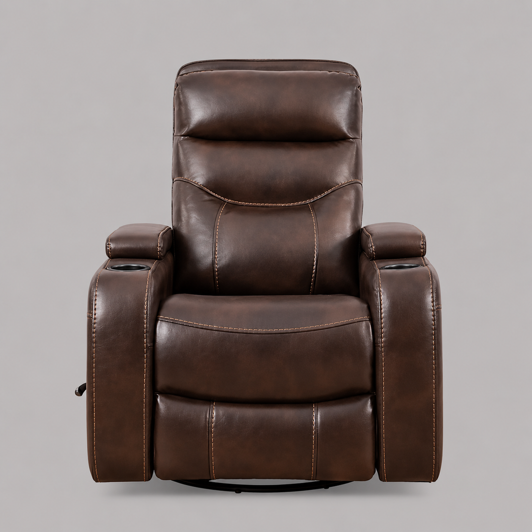 Quinvara Recliner Chair with Pull Handle, Swivel Glider Mechanism, Cup Holders, Storage Arms &amp; Zero Wallhugger Design in Soft Brown PU