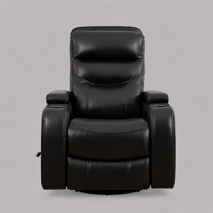 Quinvara Recliner Chair with Pull Handle, Cup Holders, Swivel Glider Function, Storage Arms & Zero Wallhugger Design in Soft Black PU