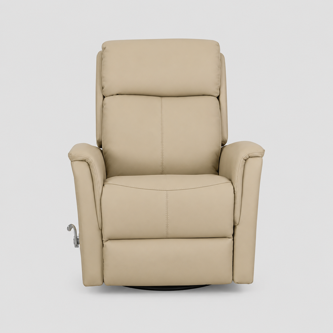 Zyrello Recliner Chair in Soft Ivory Beige Leather Matches with Side-Mounted Steel Pull Handle And Glider Rocking Mechanism