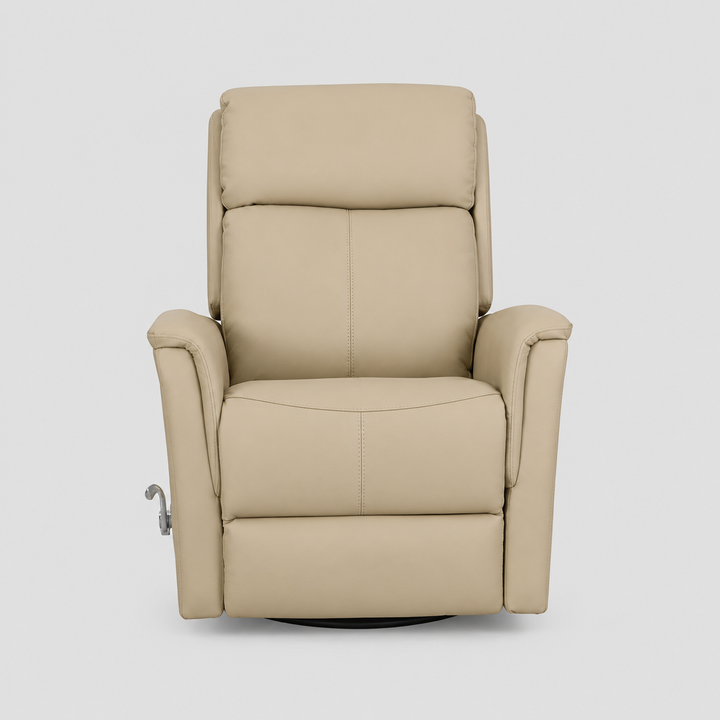 Zyrello Recliner Chair in Soft Ivory Beige Leather Matches with Side-Mounted Steel Pull Handle And Glider Rocking Mechanism
