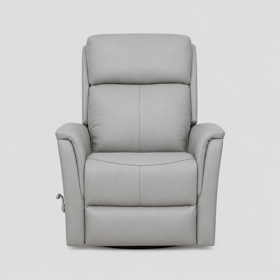 Zyrello Recliner Chair in Soft Pewter Grey Leather Match with Side-Mounted Steel Pull Handle &amp; Glider Rocking Mechanism