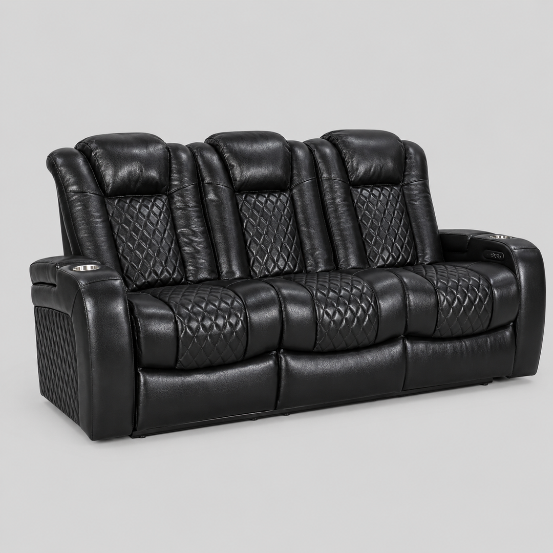 Trivon Recliner Sofa – Black Power Luxury with Smart Features