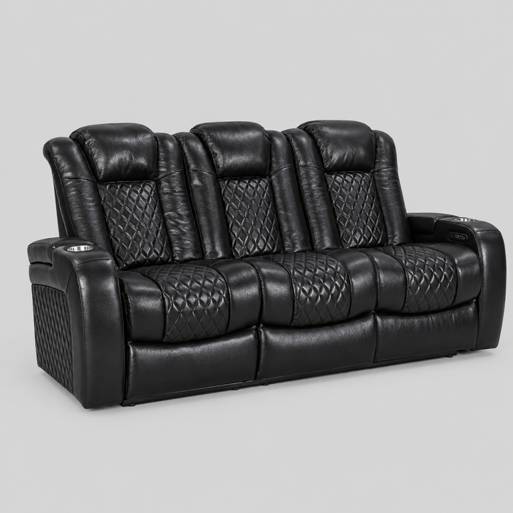 Trivon Recliner Sofa – Black Power Luxury with Smart Features