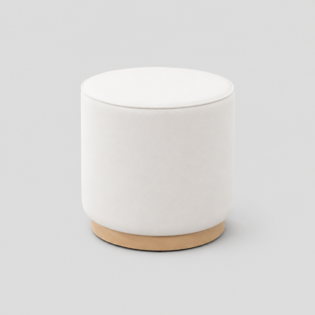 Quorvian Modern Round Ottoman – High Density Foam Accent Ottoman with White Wash Wood Base