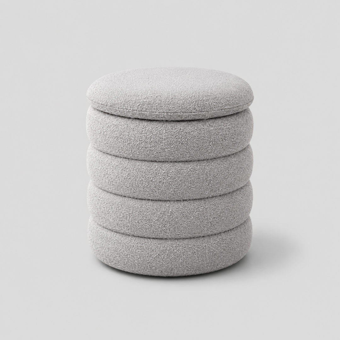 Naviero Round Storage Ottoman – Modern Lift Top Ottoman with Channel Tufting in Soft Grey Teddy Bear Fabric