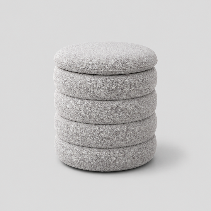 Naviero Round Storage Ottoman – Modern Lift Top Ottoman with Channel Tufting in Soft Grey Teddy Bear Fabric