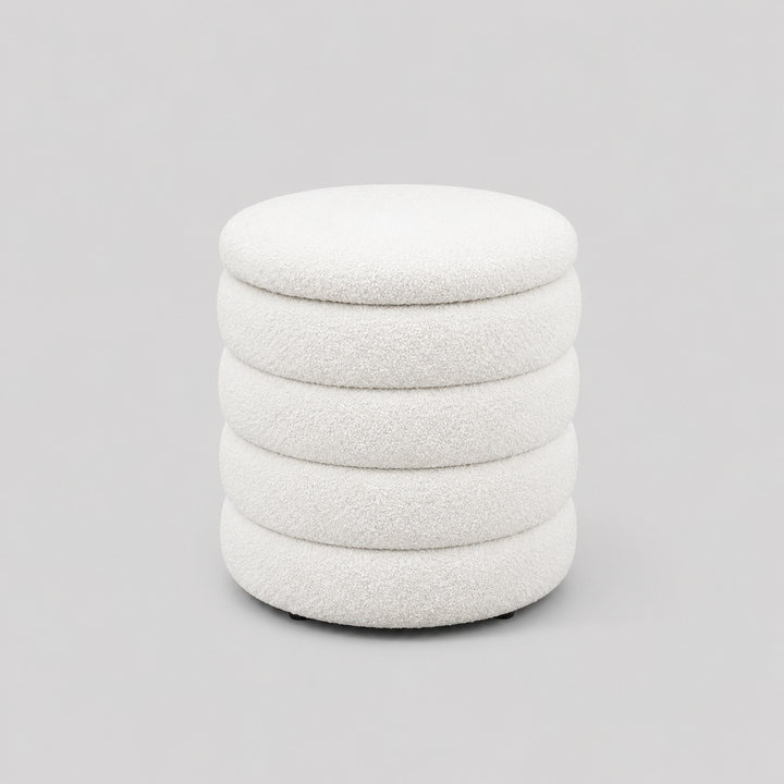 Naviero Round Storage Ottoman – Modern Lift Top Ottoman with Channel Tufting in Soft Ivory Teddy Bear Fabric