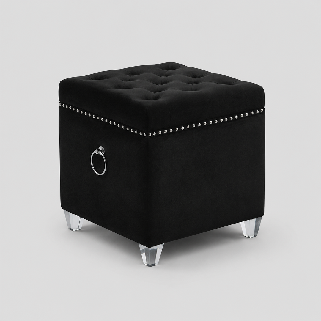 Zyrelvo Velvet Storage Ottoman – Black Deep Tufted Ottoman with Chrome Ring, Nailhead Detail and Chrome Legs