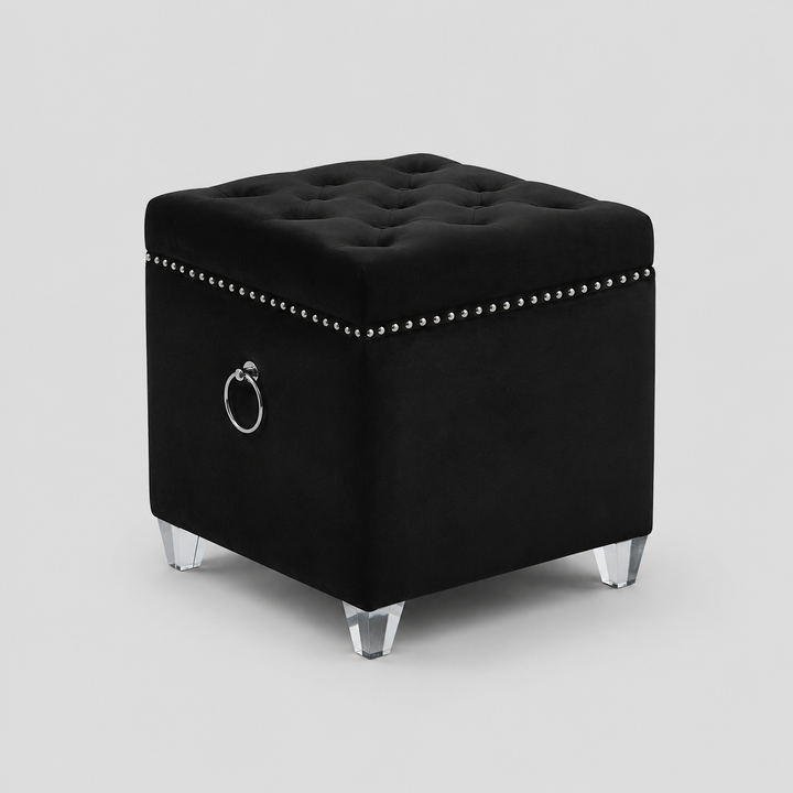 Zyrelvo Velvet Storage Ottoman – Black Deep Tufted Ottoman with Chrome Ring, Nailhead Detail and Chrome Legs
