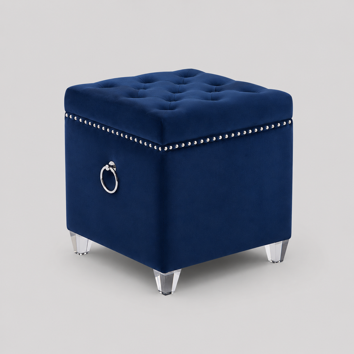 Zyrelvo Velvet Storage Ottoman – Blue Deep Tufted Ottoman with Chrome Ring, Nailhead Detail and Chrome Legs