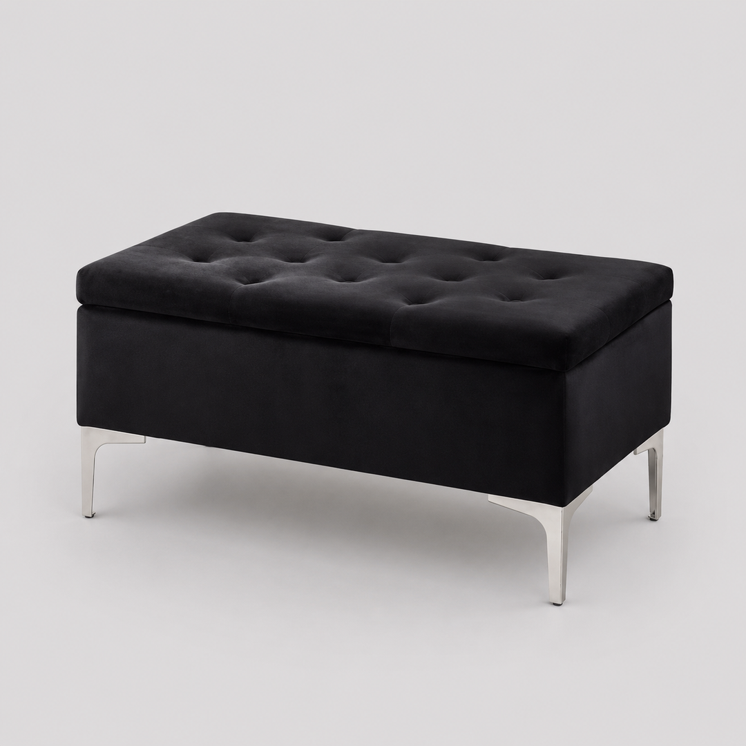 Elvirox Velvet Storage Bench – Black Deep Tufted Bench with Chrome Legs and Lift Top Storage