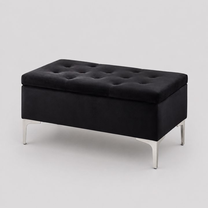 Elvirox Velvet Storage Bench – Black Deep Tufted Bench with Chrome Legs and Lift Top Storage