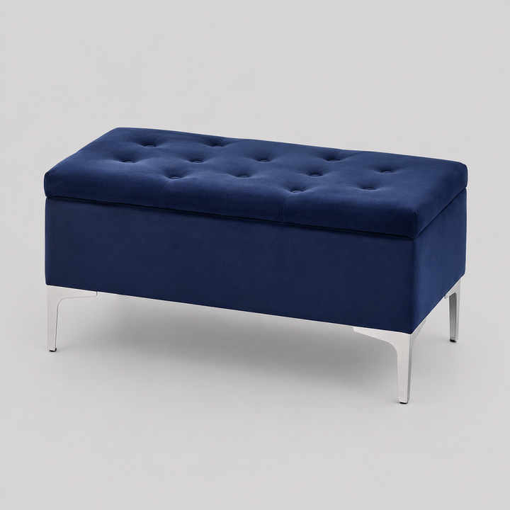 Elvirox Velvet Storage Bench – Blue Deep Tufted Bench with Chrome Legs and Lift Top Storage