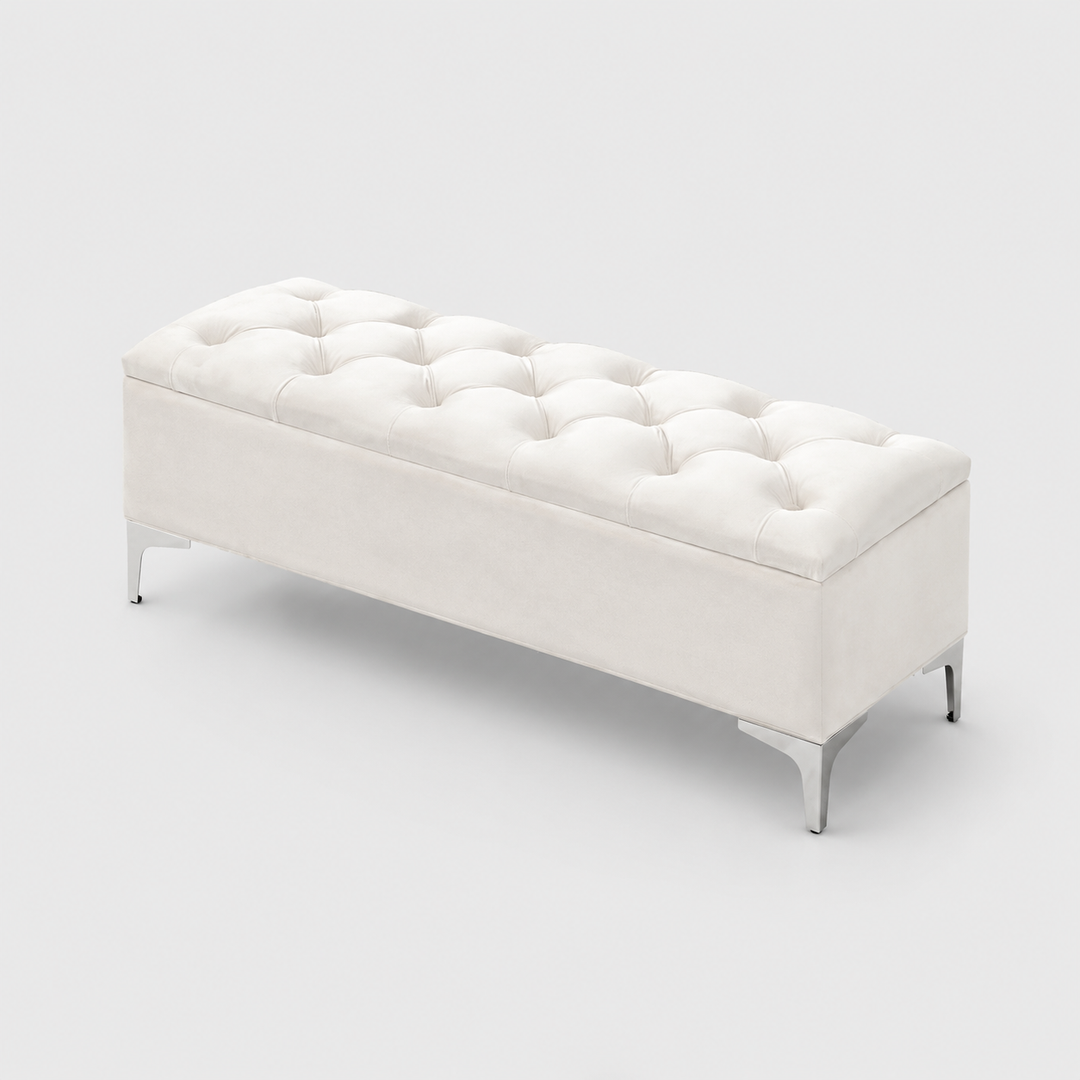 Korvexa Velvet Storage Bench – Cream Button Tufted Bench with Chrome Legs and Lift Top Storage
