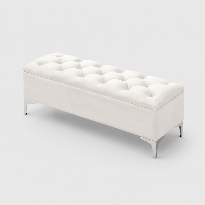 Korvexa Velvet Storage Bench – Cream Button Tufted Bench with Chrome Legs and Lift Top Storage