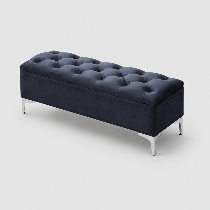Korvexa Velvet Storage Bench – Black Button Tufted Bench with Chrome Legs and Lift Top Storage