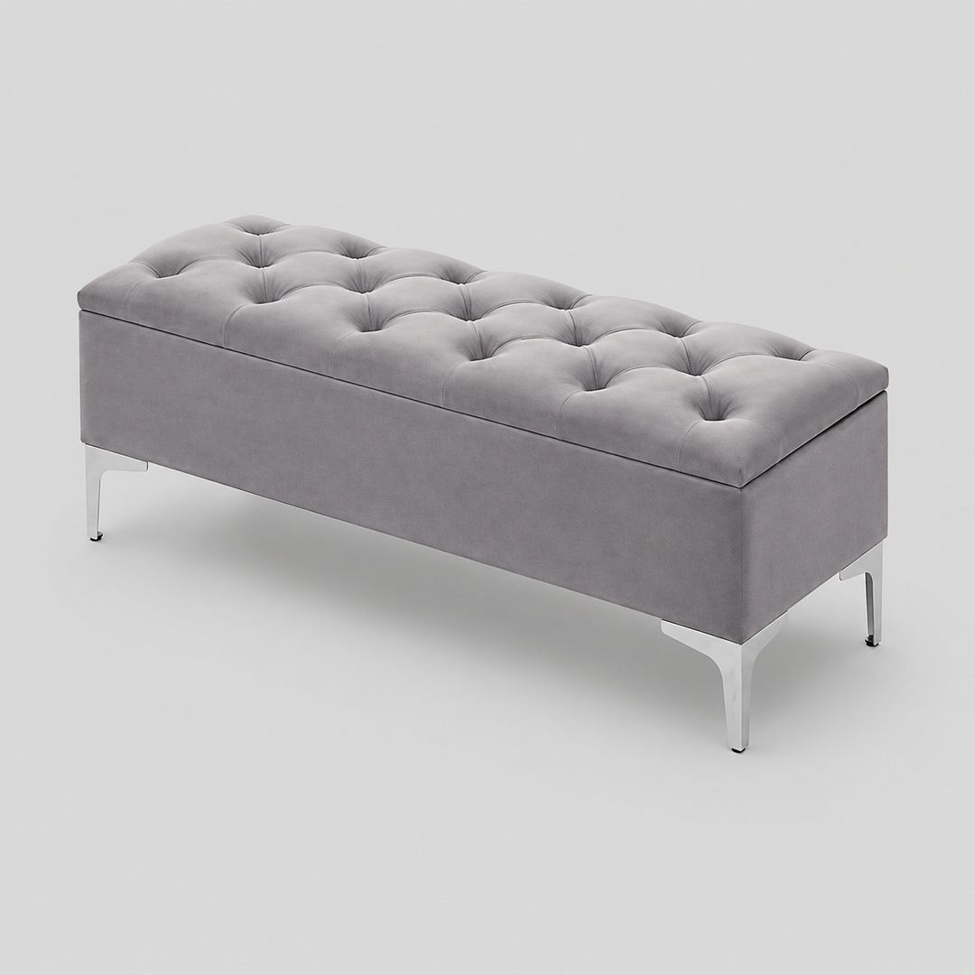 Korvexa Velvet Storage Bench – Grey Button Tufted Bench with Chrome Legs and Lift Top Storage