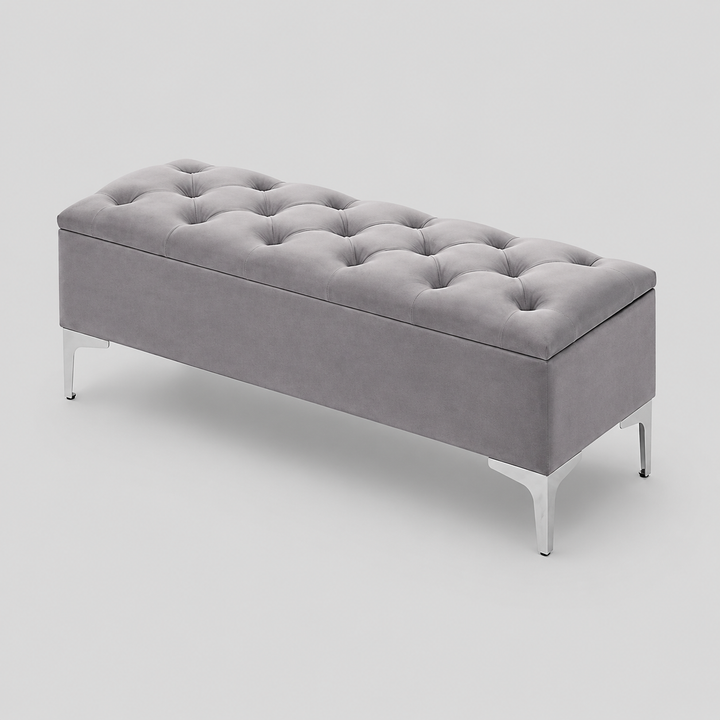 Korvexa Velvet Storage Bench – Grey Button Tufted Bench with Chrome Legs and Lift Top Storage